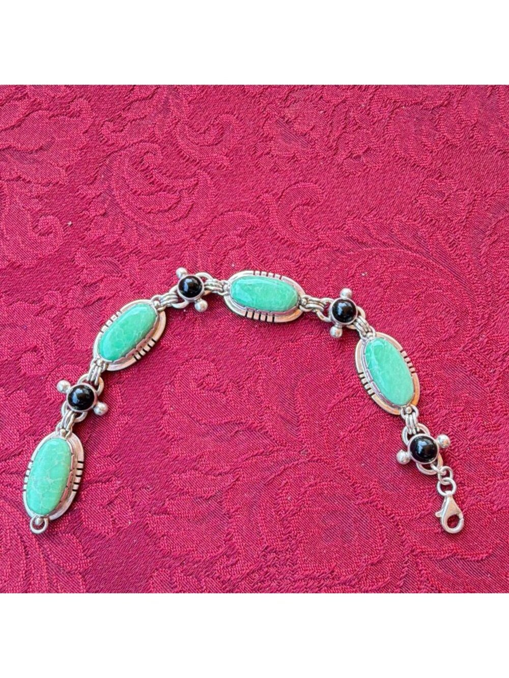 Vintage 925 Sterling Silver Green Variscite Black Onyx Bezel Link Bracelet 7.5